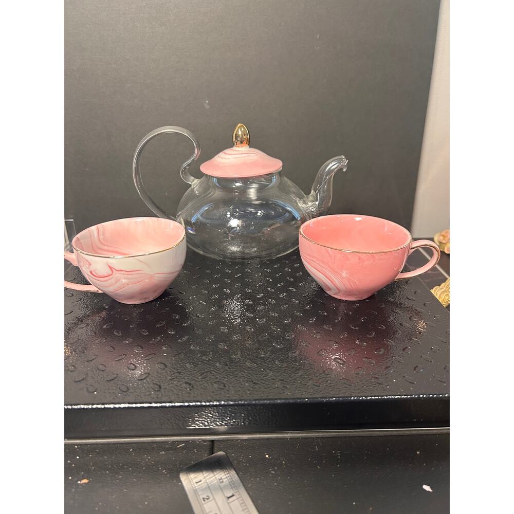 Dujust pink marble colored porcelain and glass tea set